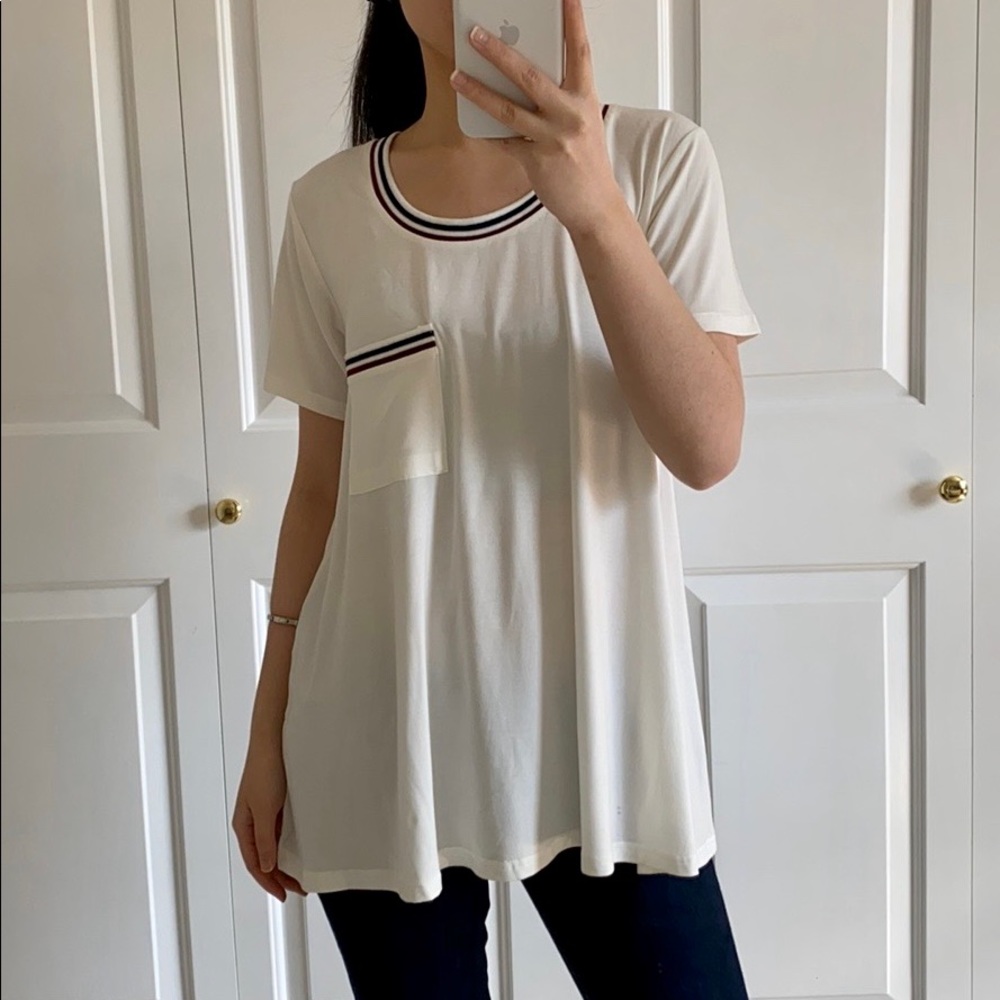 VARSITY - White Soft Casual Top Blouse With Striped Front Pocket